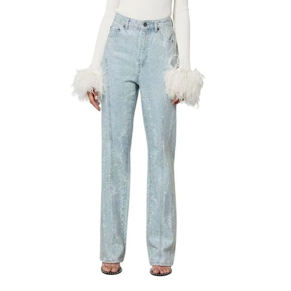 NWT Self-Portrait Blue Rhinestone Embellished High-Waisted Denim Jeans W27 L32
